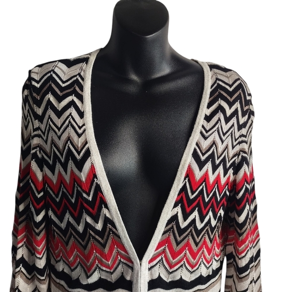 White House Black Market Black White Red Chevron Knit Sweater Cardigan Boho Sz L - Picture 4 of 10